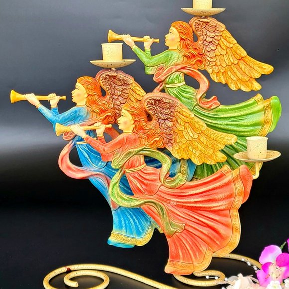 Vintage - 3 Angels - Angel Candelabra- Multicolor- Herald Angels - 13'L * 14 1/4